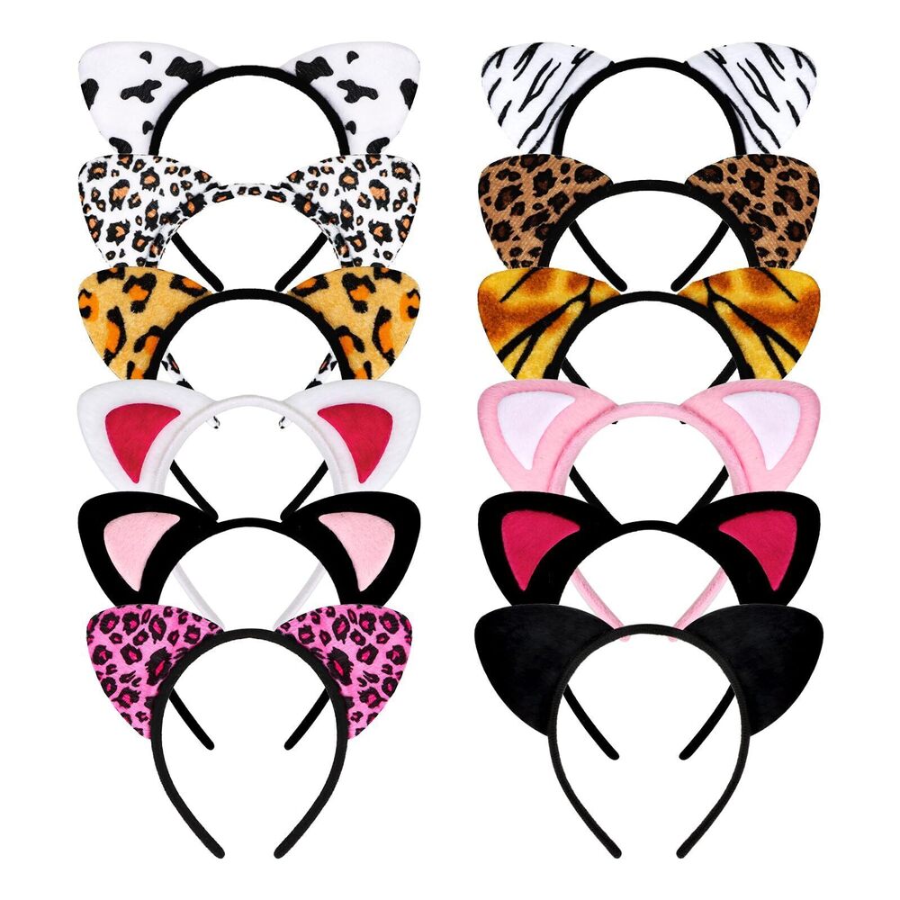 9212 12 Pack Cat Ears Headband Furry Cat Ear Headbands Leopard Cheetah